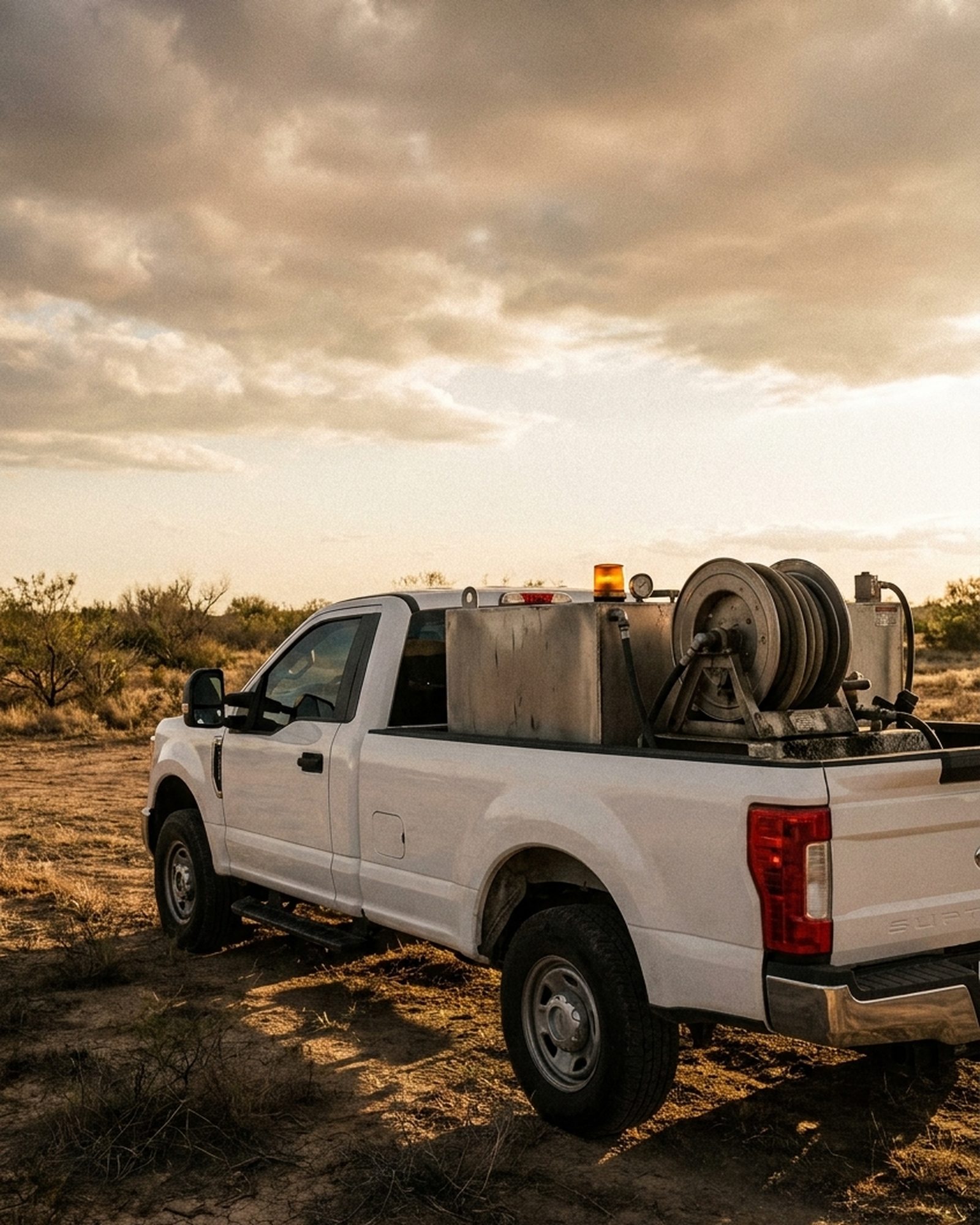 A white mobile-fueling pickup with a bed-mounted fuel tank and hose reel parked on dry North-Texas brushland under a dramatic golden-hour sky.