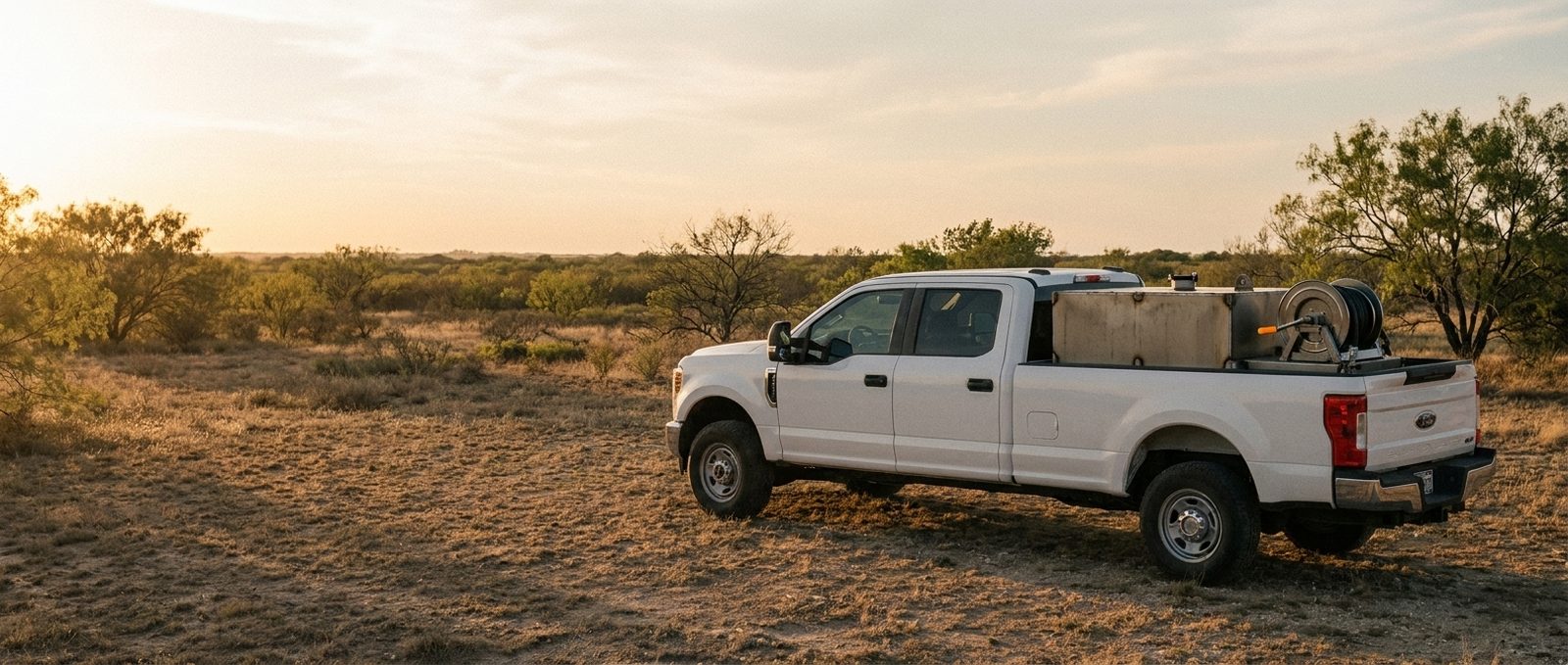 A Fuel Texas white pickup with a bed-mounted steel fuel tank and hose reel parked on North-Texas brushland at golden hour, ready to deliver gasoline and diesel.