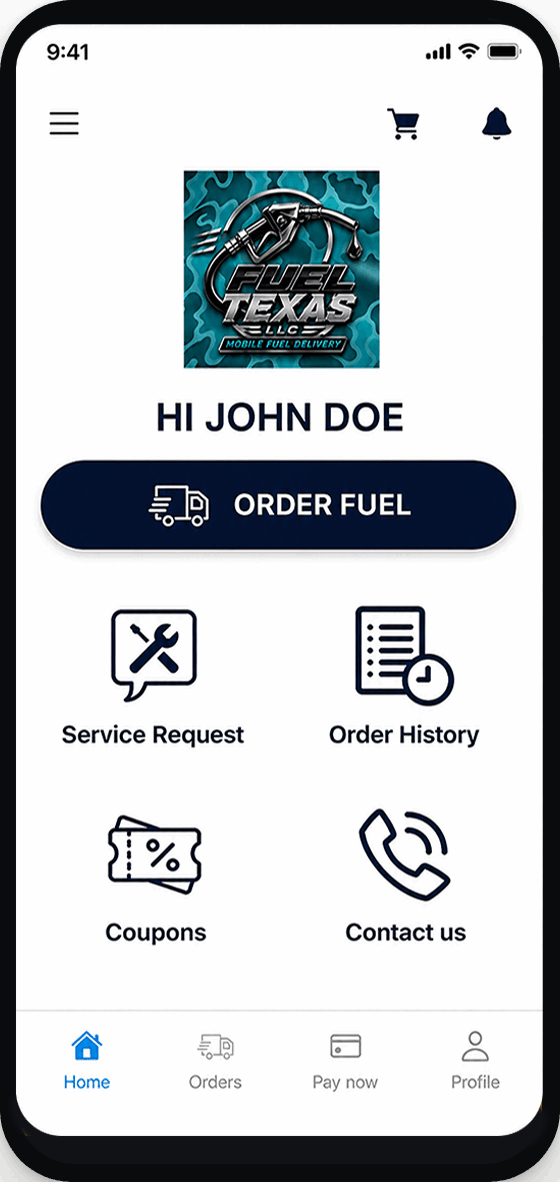 The Fuel Texas app order screen showing the Order Fuel button, Service Request, Order History, Coupons, and Contact Us tiles.