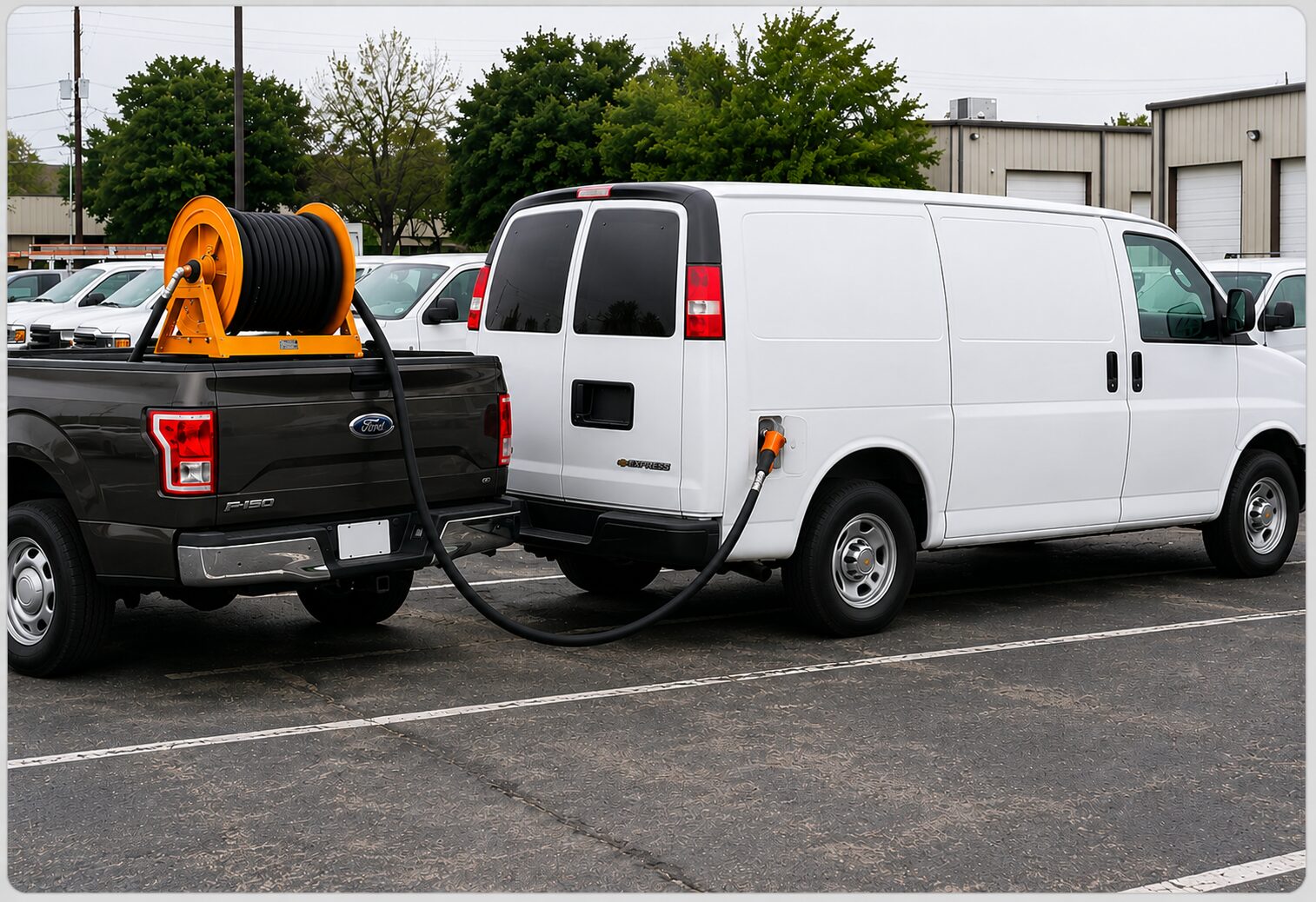 A black Fuel Texas pickup with an orange hose reel fueling a white cargo van parked in a row of fleet vehicles.