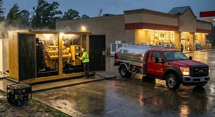 A crew refueling a standby generator at night in the rain from a red fuel truck outside a commercial building.