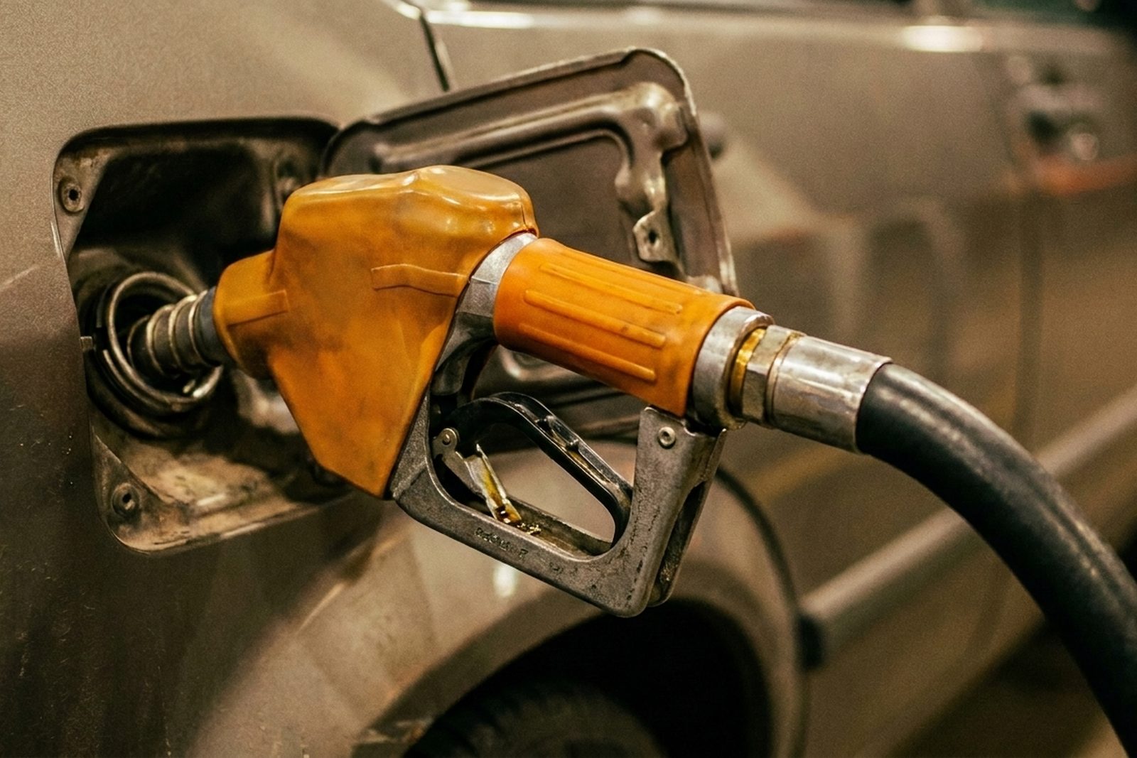 A fuel nozzle dispensing into a vehicle's filler neck, hi-vis amber grip, warm industrial light.
