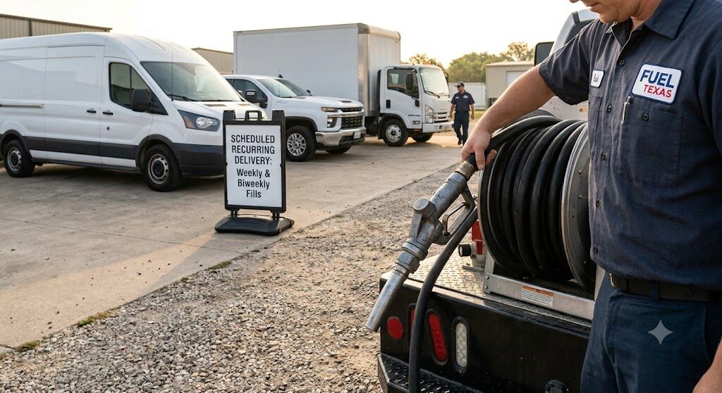 A Fuel Texas technician at a delivery truck's hose reel beside a sign reading Scheduled Recurring Delivery: Weekly and Biweekly Fills, with a row of fleet vans behind.
